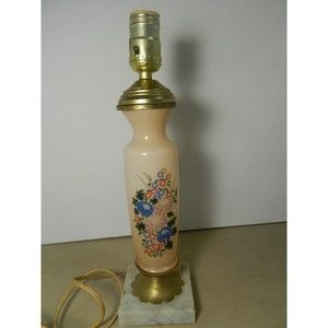 BRISTOL GLASS BOUDOIR LAMP PINK OPALINE FLORAL MARBLE BASE 1920s ANTIQUE